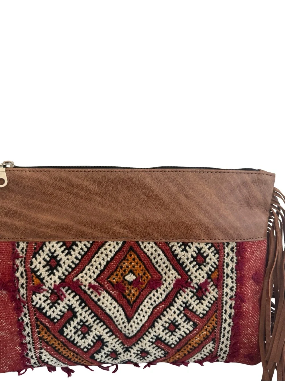 Gift From Morocco Brown Faux Leather Clutch Bag Purse Fringe Handbag Vegan